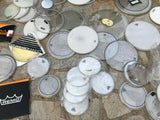 45 MIXED LOT OF NEW AND USED DRUM HEADS WITH ROLLING HARDWARE CASE!!