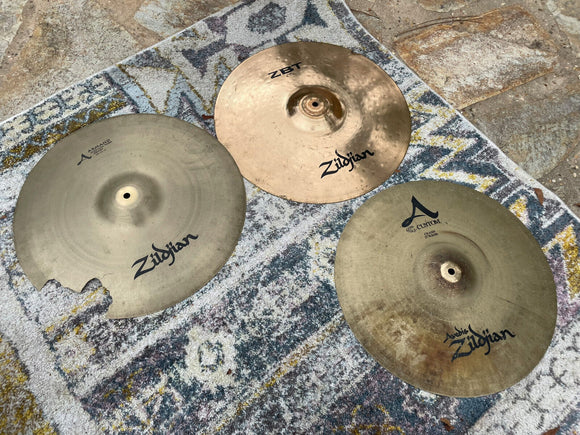 CRACKED / BROKEN CYMBAL PACKAGE with broken Zildjian Crash Cymbals