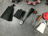 HUGE PERCUSSION COWBELL BLOCK tambourine TRIANGLE MOUNT LOT WITH ARMS
