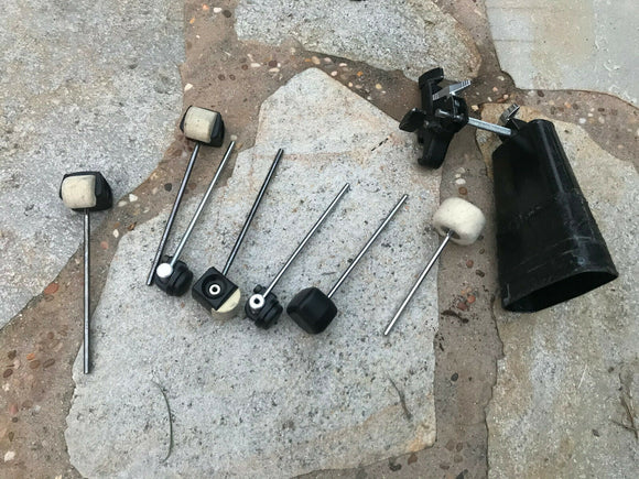 LARGE LOT OF BASS DRUM BEATERS + BONUS COWBELL + MOUNT!!